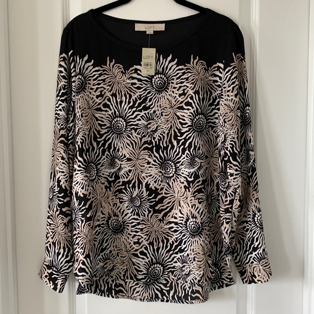 NWT LOFT Floral Print 100% Polyester Roll-Up Sleeves Blouse Size MP